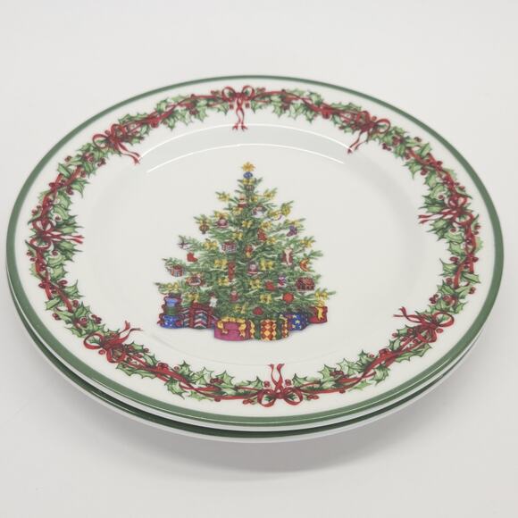 Vtg Christopher Radko Christmas Tree Dessert Plate Green Holly Traditional 2pcs - Picture 3 of 6